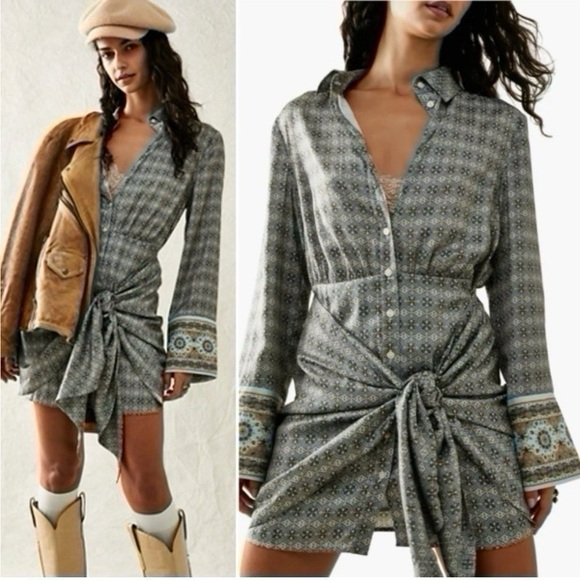 NEW Free People Silky Rillo Print Mini Shirtdress Navy Combo - Picture 4 of 12
